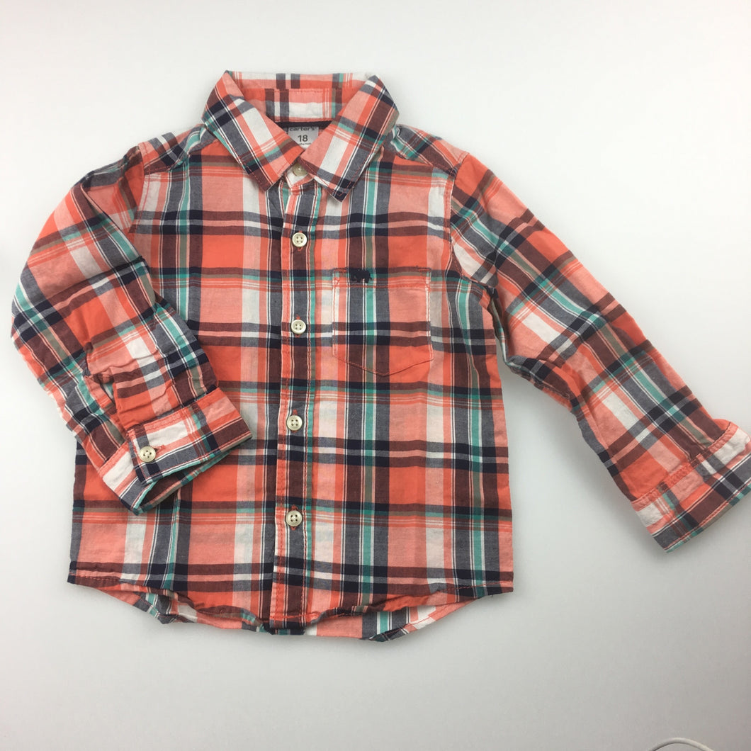 Boys Carter's, long sleeve check shirt with embroidered elephant on pocket, EUC, size 18 months